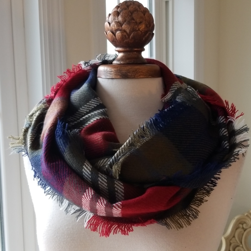 Lydiane Olive Plaid Fringed Infinity Scarf - Picture 2 of 9